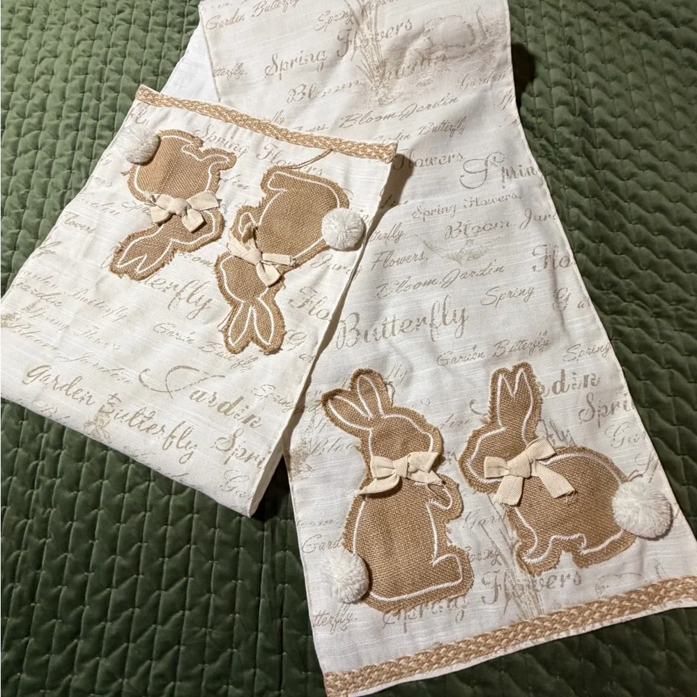 Domain table runner Easter Spring bunnies rabbits beige off white 14 inches wide
